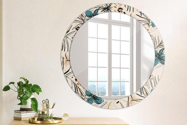 Round printed mirror Flowers with a jungle pattern