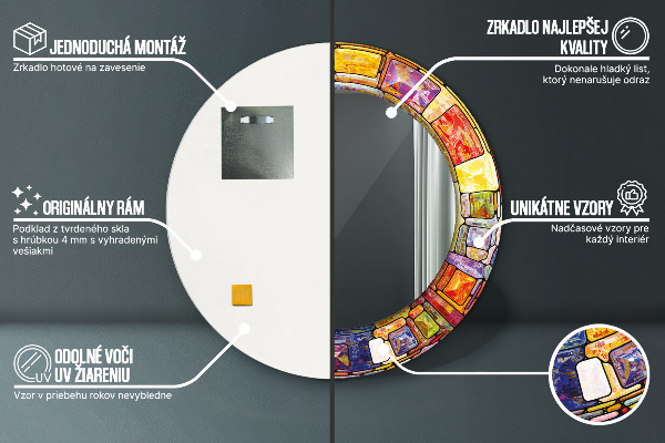 Ornate framed mirror Colored stained glass window