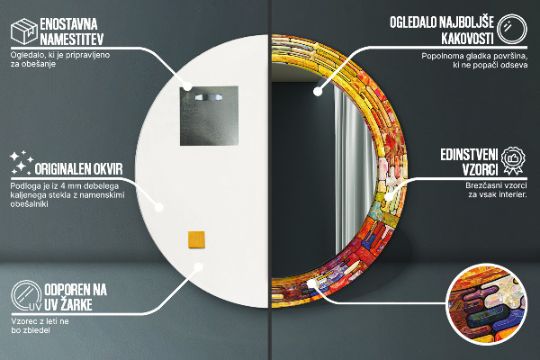 Ornate framed mirror Colored stained glass window