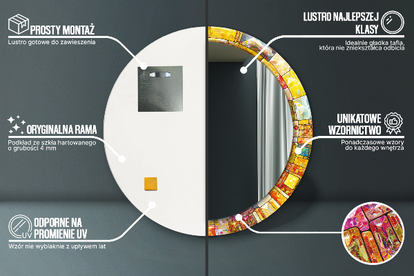 Ornate framed mirror Colored stained glass window