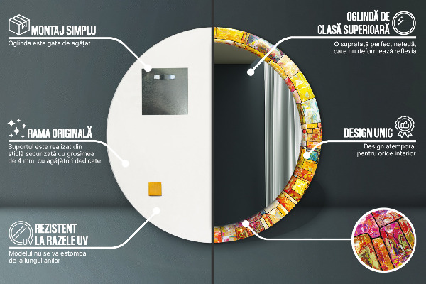 Ornate framed mirror Colored stained glass window