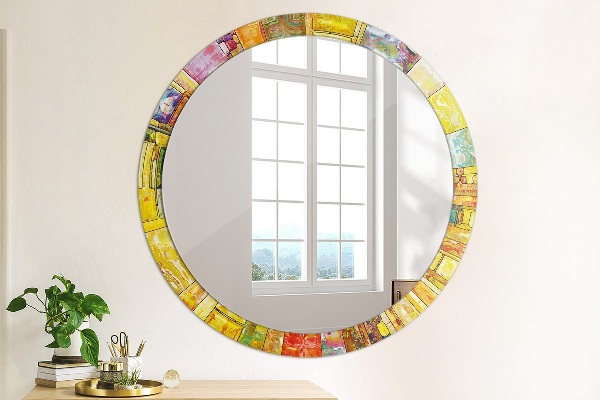 Ornate framed mirror Colored stained glass window