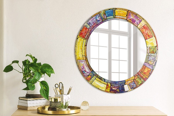 Ornate framed mirror Colored stained glass window