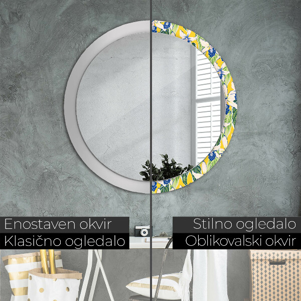 Round decorative mirror Blue and yellow orchids