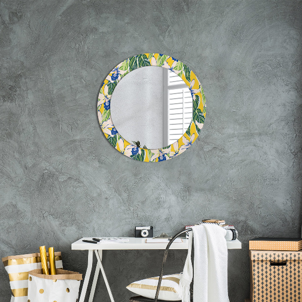 Round decorative mirror Blue and yellow orchids