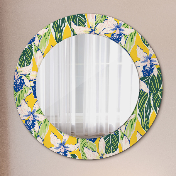 Round decorative mirror Blue and yellow orchids