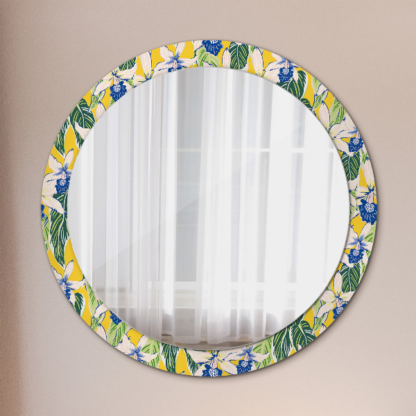 Round decorative mirror Blue and yellow orchids