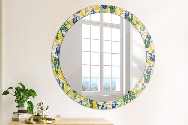 Round decorative mirror Blue and yellow orchids