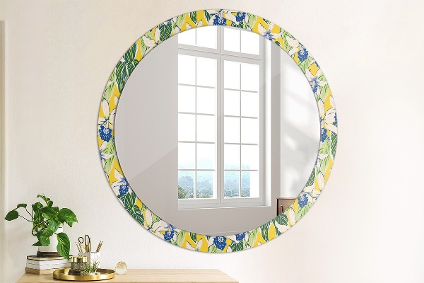 Round decorative mirror Blue and yellow orchids