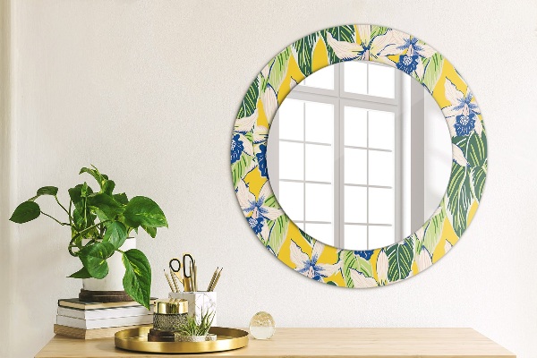 Round decorative mirror Blue and yellow orchids