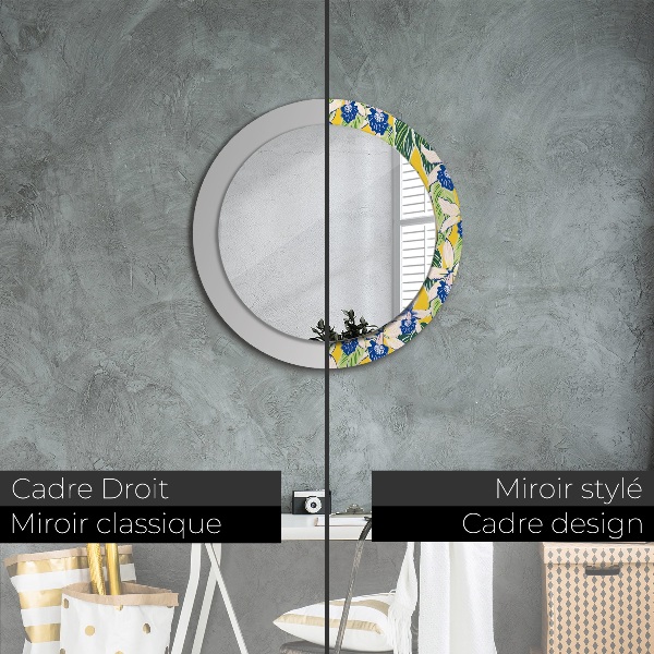 Round decorative mirror Blue and yellow orchids
