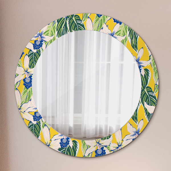 Round decorative mirror Blue and yellow orchids