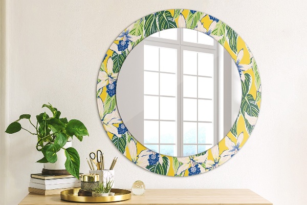 Round decorative mirror Blue and yellow orchids