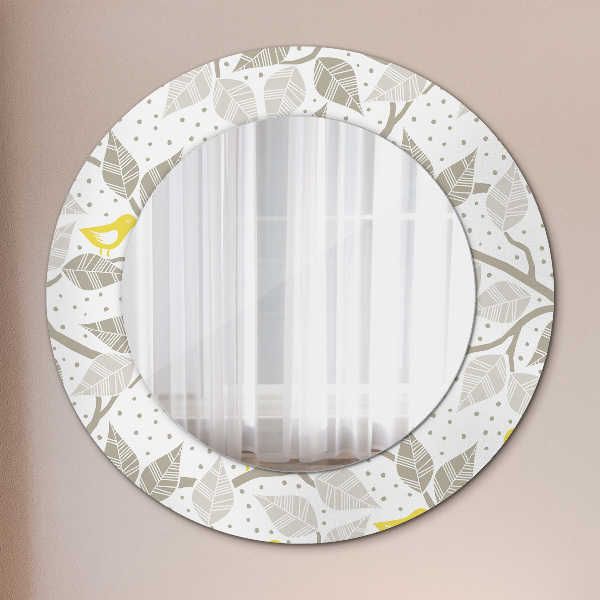 Round wall mirror decor Yellow birds on branches