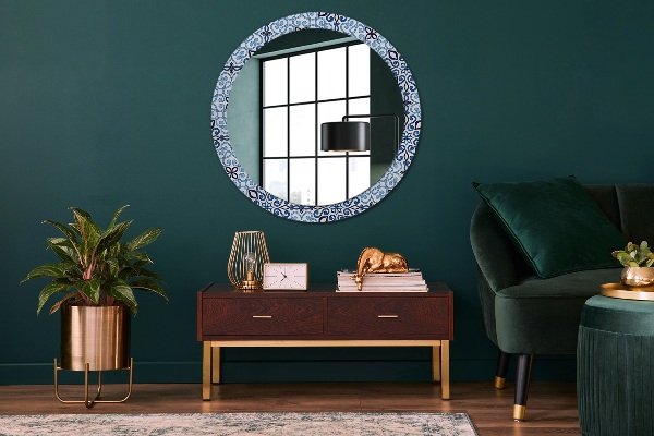 Round decorative mirror Blue arabic pattern