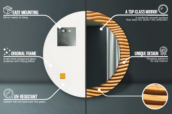 Round printed mirror Wooden wave