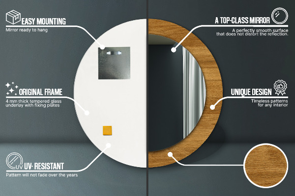 Round printed mirror Rustic oak