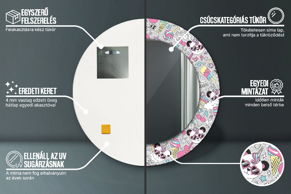 Round printed mirror Panda unicorn