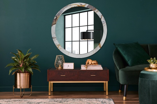 Round mirror frame with print White marble