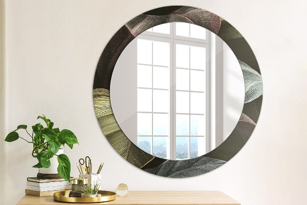 Round wall mirror design Dark tropical leaves