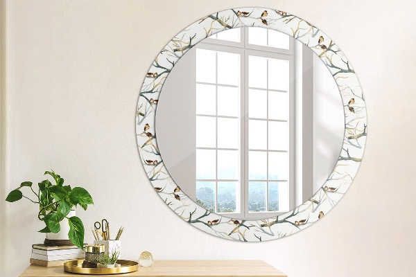 Round mirror frame with print Sparrows birds branches