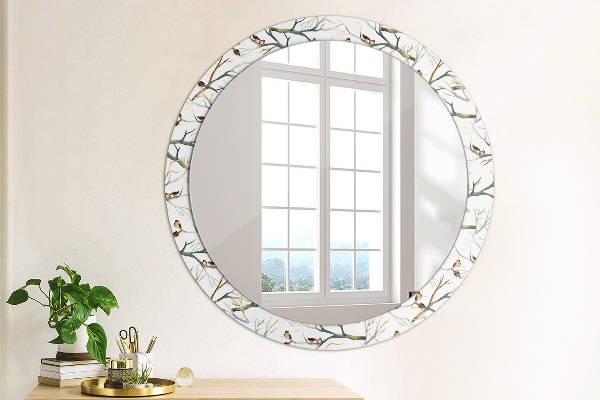 Round mirror frame with print Sparrows birds branches