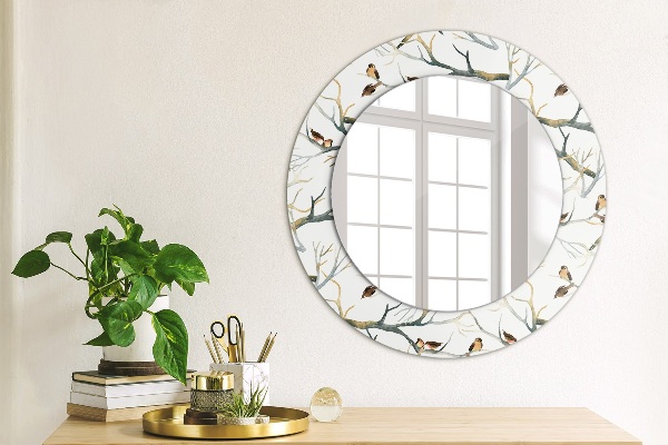 Round mirror frame with print Sparrows birds branches