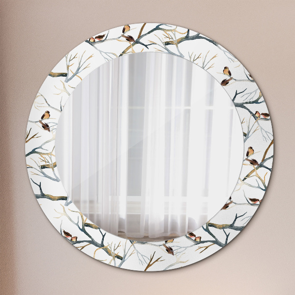 Round mirror frame with print Sparrows birds branches
