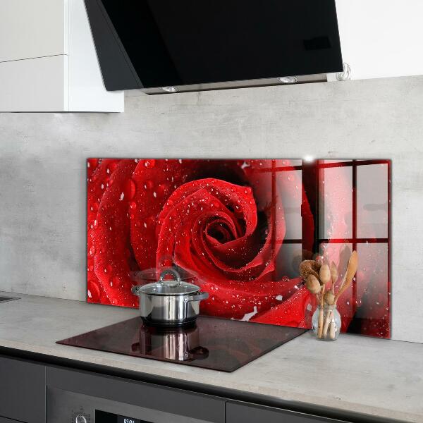 Kitchen splashback Dew drops on a red rose