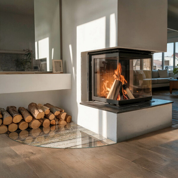 Quarter-circle toughened glass hearths Wooden board in the layout