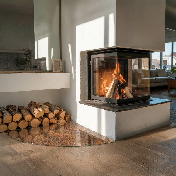 Quarter-circle tempered glass hearth Rust texture on metal