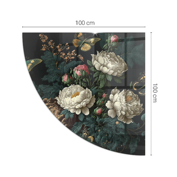 Quarter-circle toughened glass hearths Floral pattern with butterflies