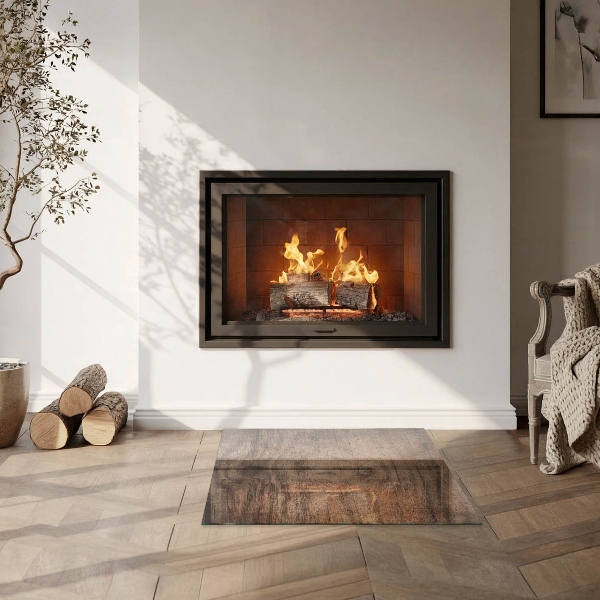Square glass hearth for log burner Natural wood pattern