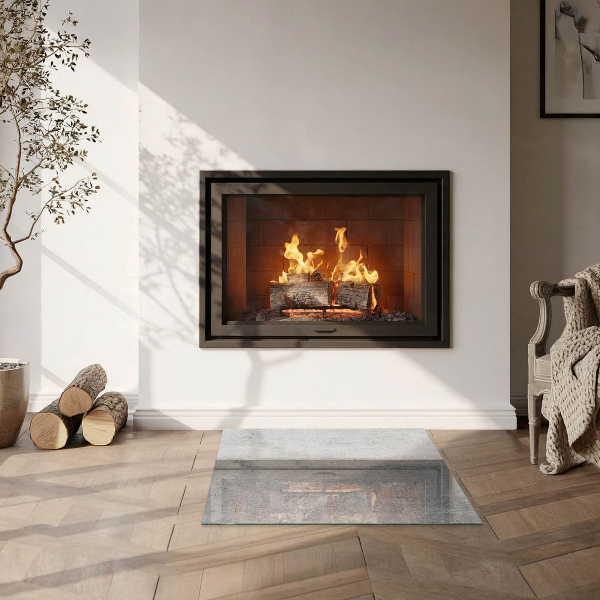 Square glass hearth for wood stove Raw concrete texture