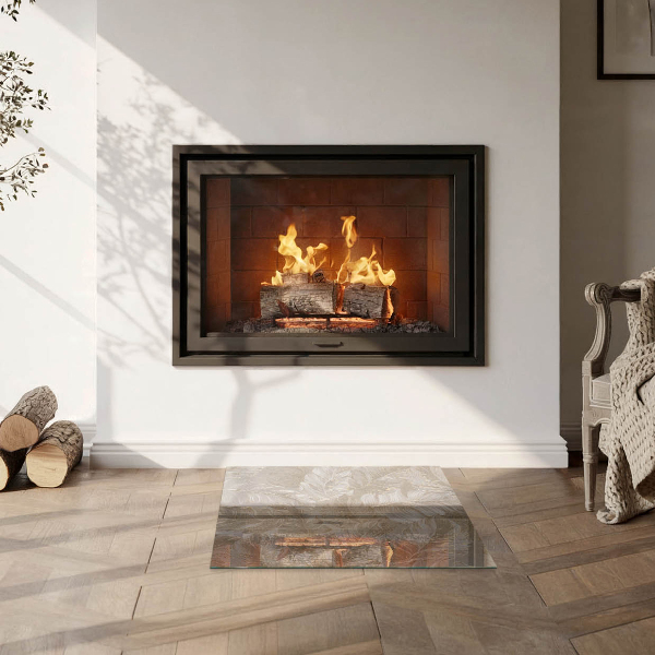 Square glass hearth Leaves in subtle patterns