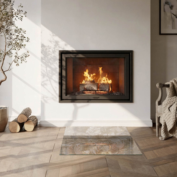 Square glass hearth Leaves in subtle patterns