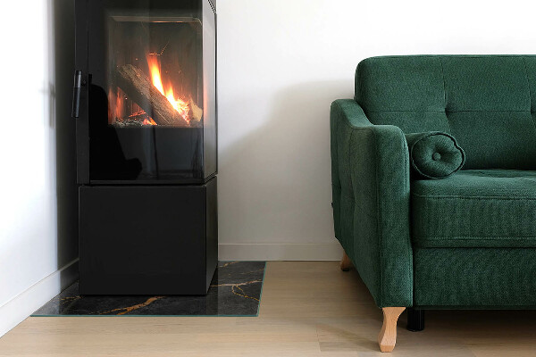 Square glass hearth for log burner Elegant marble with veins