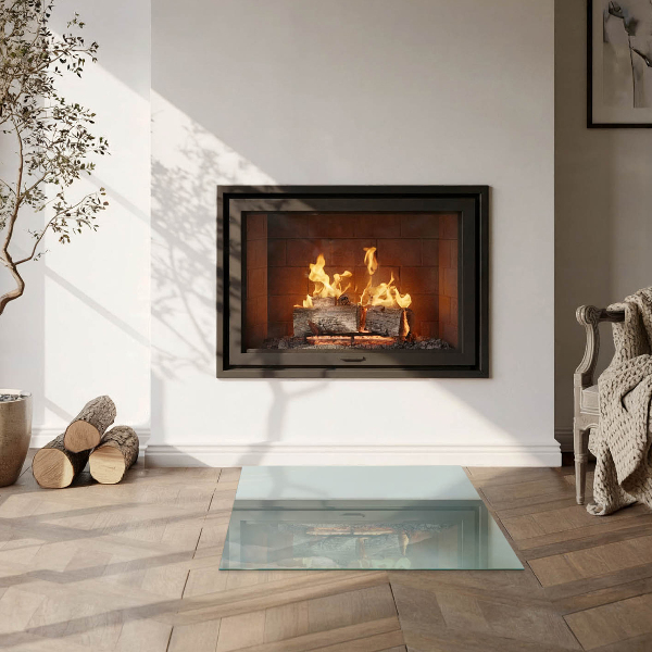 Square glass hearth for log burner Delicate marble pattern