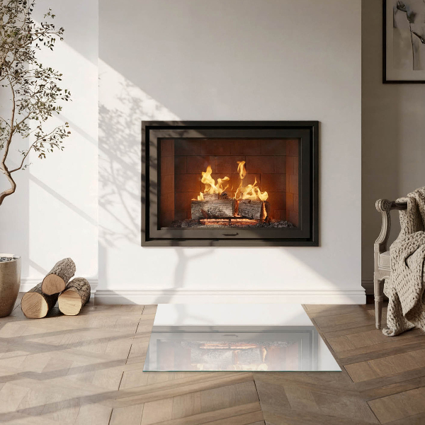 Square glass hearth for wood stove Ivory colour