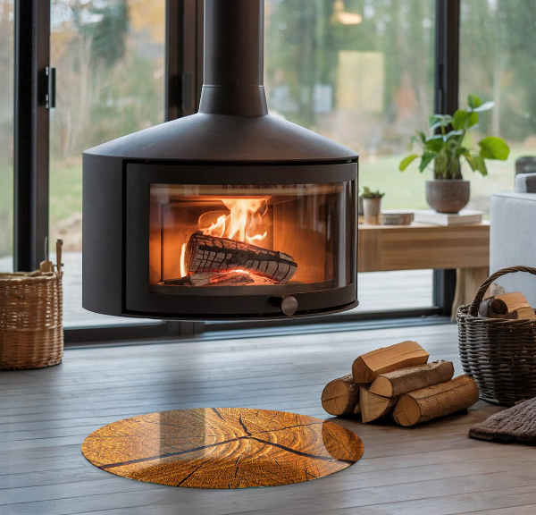 Round glass hearths for wood burners Wood grain in cross-section