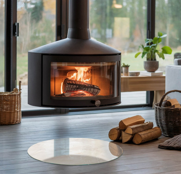 Round glass hearths for wood burners Natural marble pattern