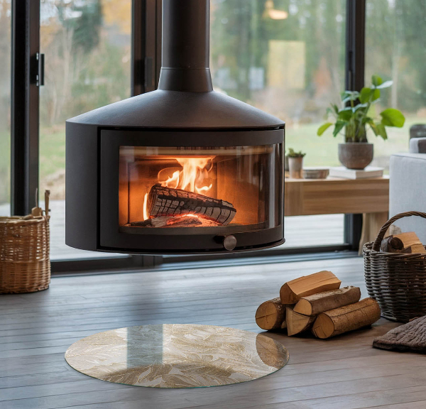 Round glass hearths for wood burners Leaves in subtle patterns