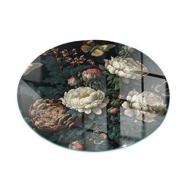 Round glass hearths for wood burners Floral pattern with butterflies