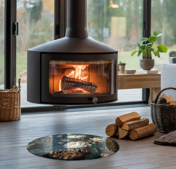 Round glass hearths for wood burners Floral pattern with butterflies