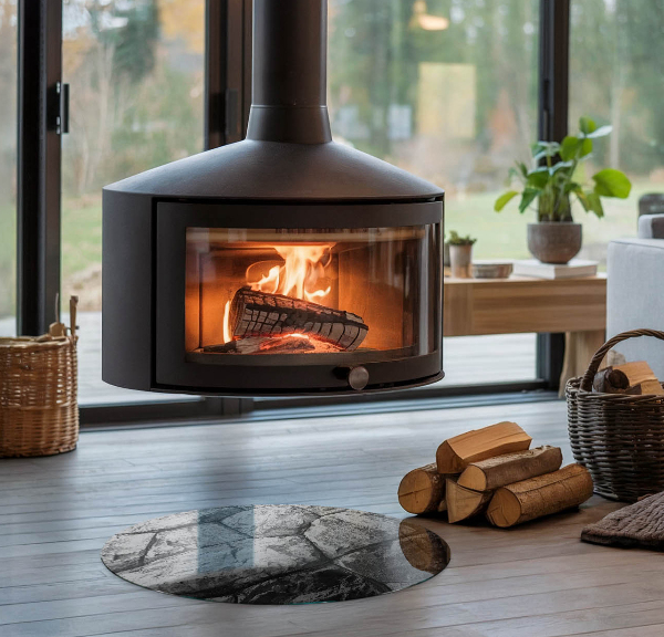 Round glass hearths for wood burners Natural stone pattern