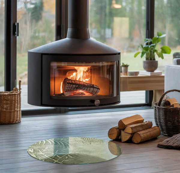 Round glass hearths for wood burners Tropical leaves in the background