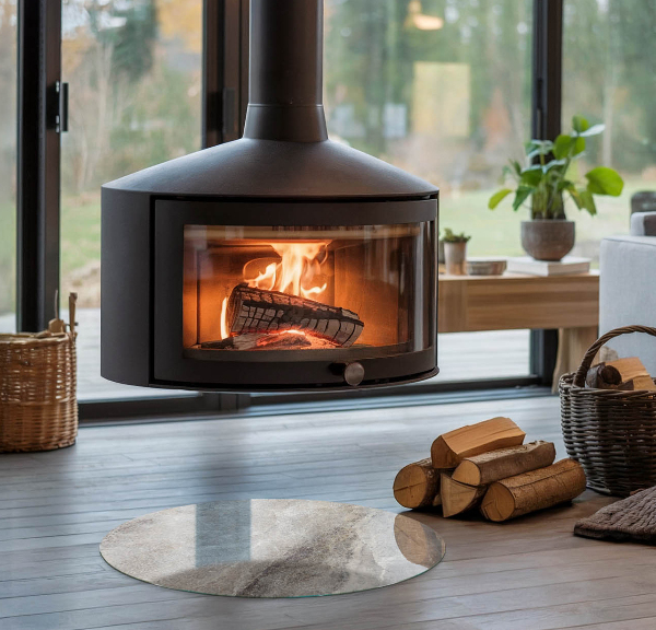 Round glass fire hearth Natural stone pattern