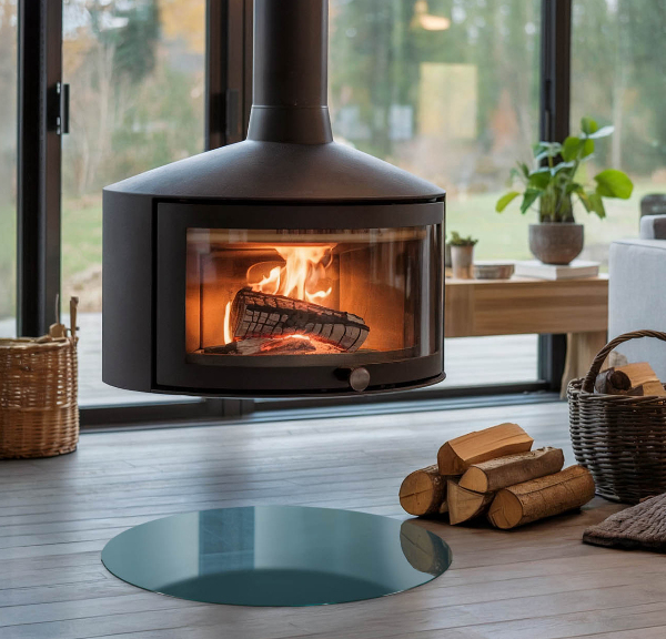 Round glass wood burner hearth Sea Colour