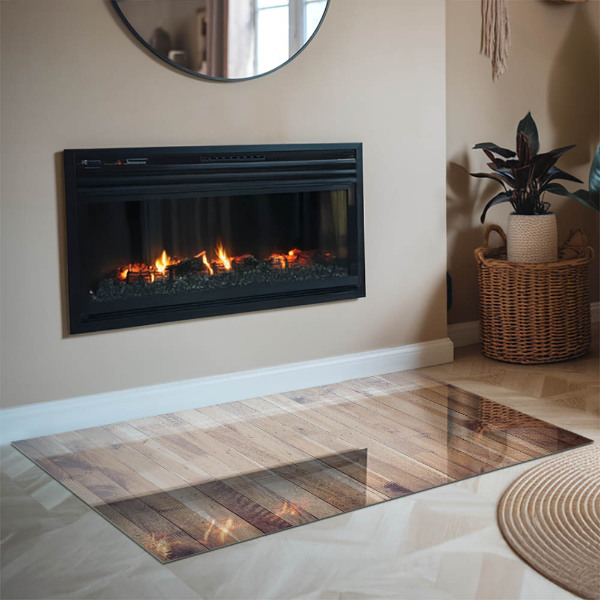Rectangular glass hearth for wood stove Wooden board in the layout