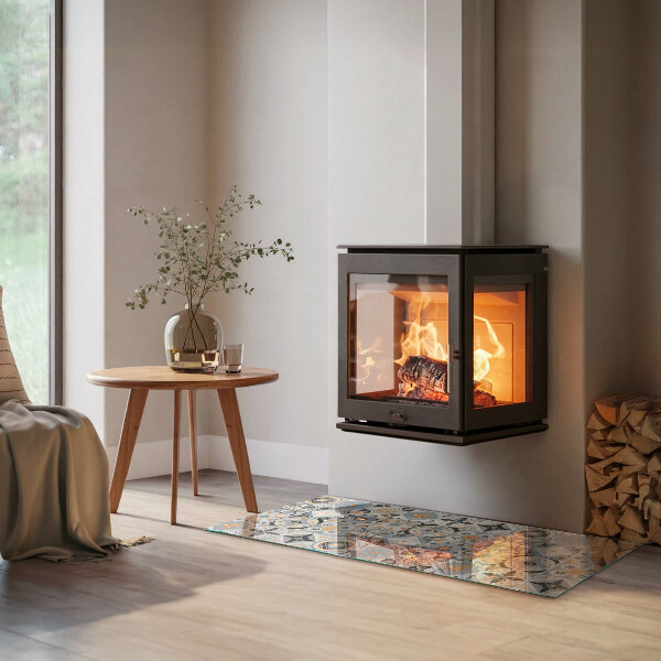 Rectangular glass hearth for log burner Mosaic patterns in tiles